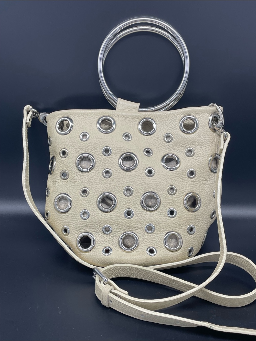 Pulicati Italian Leather Crossbody with Silver Ring Handles and Grommet Detail